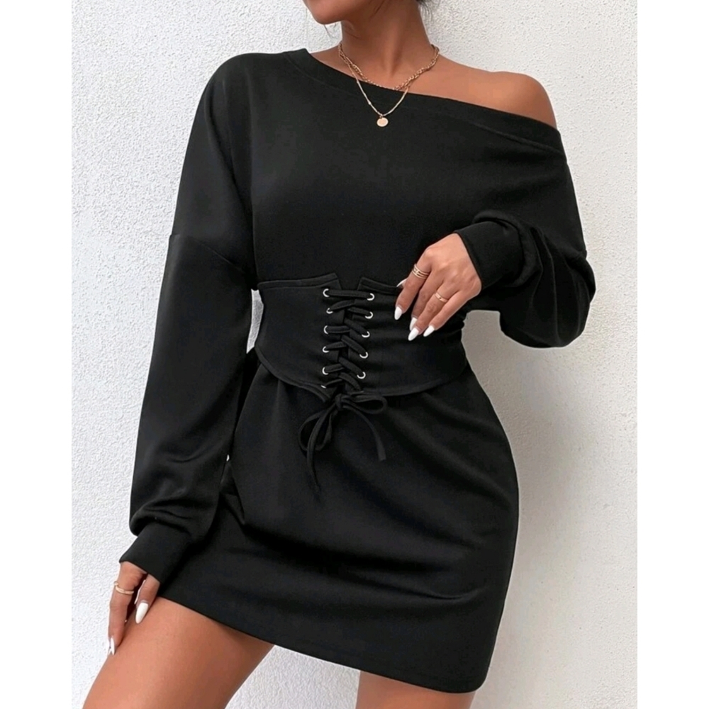 Asymmetrical Neck Sweatshirt Dress & Lace Up Corset